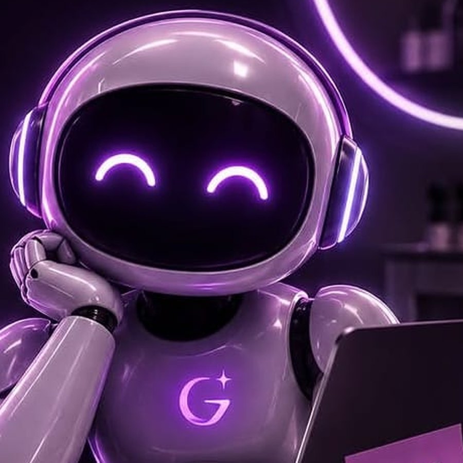 La mascota de Glow Pilot, un robot sonriente con auriculares, trabajando en un portátil en un salón de belleza.